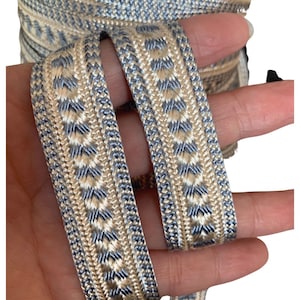May include: Close-up of a decorative trim ribbon. The ribbon features a woven design with alternating sections of beige, light blue, and white. The trim is held in a hand, showcasing its texture and pattern. Ideal for sewing and craft projects.