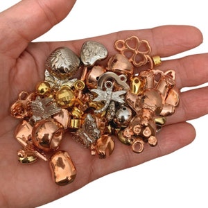 May include: A collection of mixed metal charms in gold, silver, and rose gold tones. The charms include a variety of shapes, such as hearts, butterflies, a dragonfly, a four-leaf clover, and a bear.