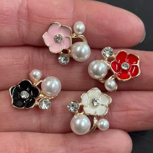 Rhinestone Pearl Flower Embellishments: Enamel Painted, Flatback - 8 Pcs