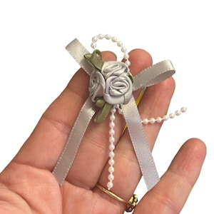 Satin ribbon rose bows with pearls: grey trio cluster rosebuds