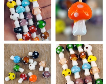 Cute Glass Beads, Mushrooms, pack of 10 , spacers, charms, craft, Jewellery making, 14-16 mm long, G9