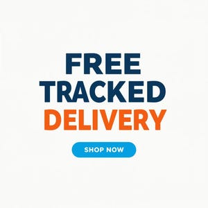 Puede incluir: Fondo blanco con las palabras "FREE TRACKED DELIVERY" en azul marino y naranja. Un bot&oacute;n ovalado azul con las palabras "SHOP NOW" est&aacute; en la parte inferior.