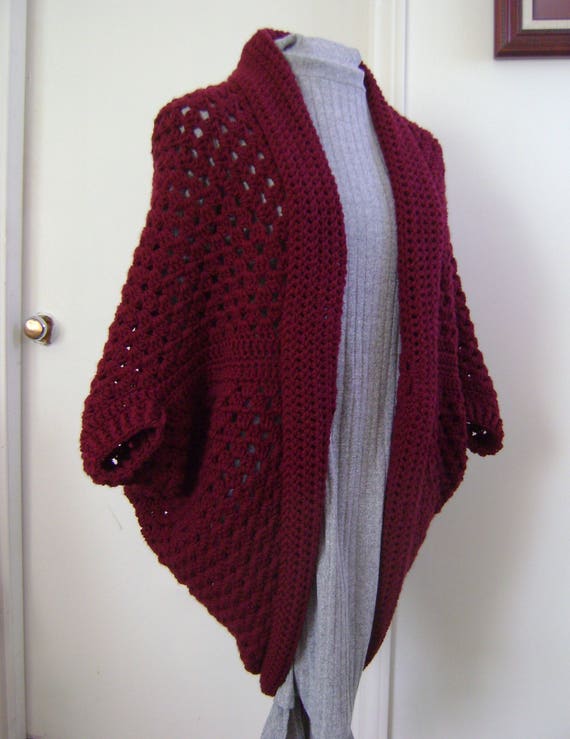 Dark Red Granny Square Cocoon Sweater Cardigan Shrug In Burgundy Cozy Style For Spring And Fall Makes Lovely Gift For Her Women Teens