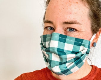 Green Checkered Face Mask | Plaid of my Dreams | Flexible Nose Wire | Two Layers | Elastic Ear Bands