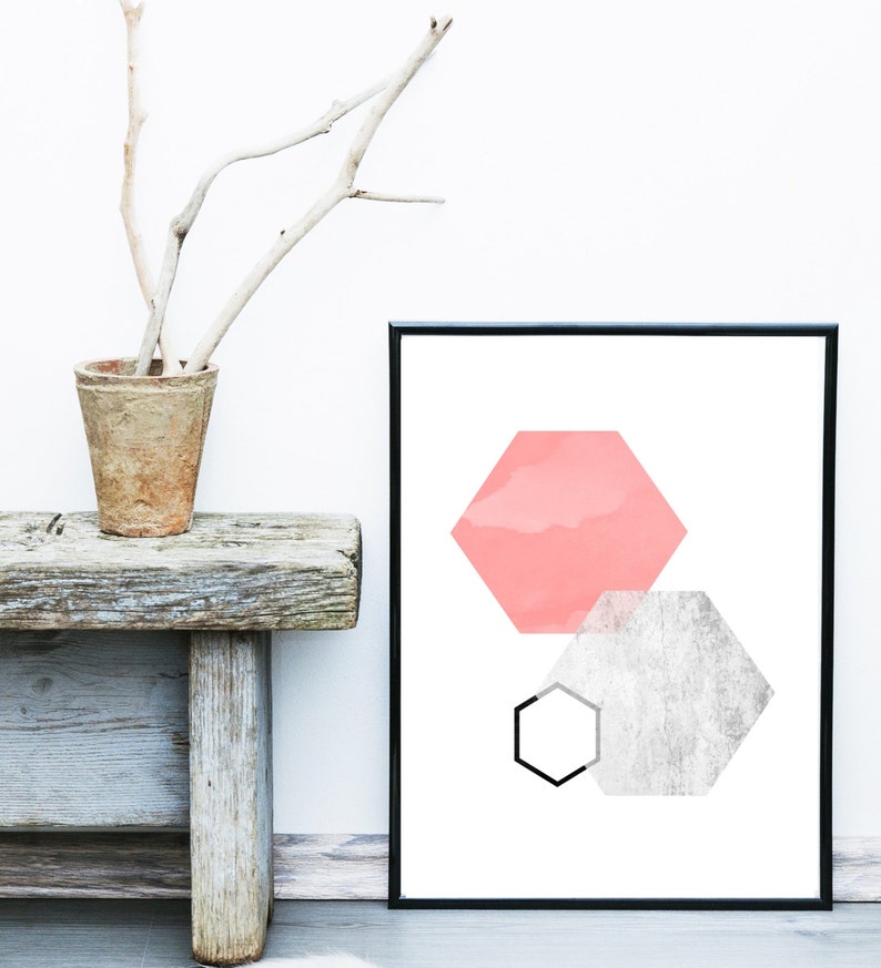 Geometric Abstract Instant Download Hexagon Wall Art Pink And Grey Abstract Art Print Printable Art Geometric Art Geometric Wall Art