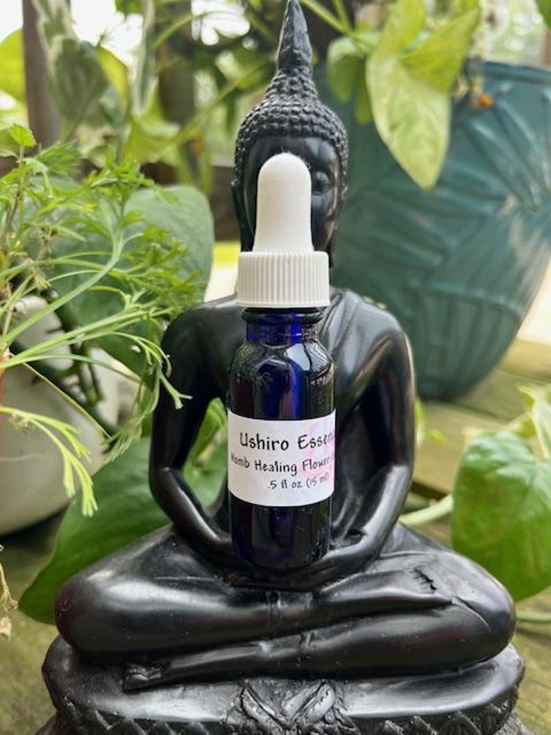 Puede incluir: Una botella de vidrio azul oscuro con un cuentagotas blanco, etiquetada como "Ushiro Essence, Komb Healing Flower, 15 ml". La botella est&aacute; colocada frente a una estatua de Buda negra, con plantas verdes en el fondo.