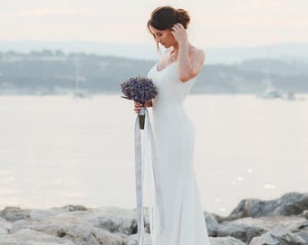 Open Back Beach Wedding Dress, Simple Crepe Gown with straps