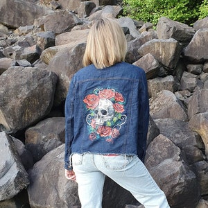 Scull Painted Denim Jacket, Handmade Women Painted Jacket, Jean Jacket Painted Scull