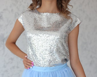 Silver Sequin top silver Bridesmaid sequin blouse, Bridesmaid sequin top,  Prom sequin top, Birthday sequin Blouse with short sleeves/straps