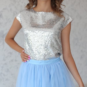 Silver Sequin top silver Bridesmaid sequin blouse, Bridesmaid sequin top,  Prom sequin top, Birthday sequin Blouse with short sleeves/straps