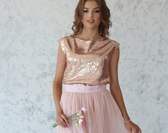 Feesttop blush met lovertjes: roze bruidsmeisjesblouse