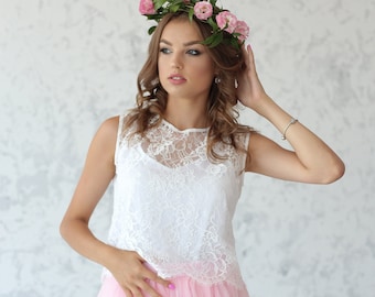 White lace top Bridesmaid white off top Wedding lace top, Bridesmaid lace blouse with silk cami,  short sleeve top / Jane