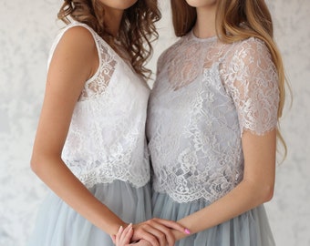 Wedding lace top with short sleeves , Bridesmaid lace top, Sleevless Lace Crop Top, Ivory lace blouse, Engagement top // Jane