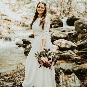 Wedding crop top, 2 piece wedding separates, Lace wedding top with flowing chiffon skirt, Engagement simple dress