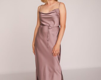 Dusty Rose Silk Slip Dress: Cowl Neck Midi Evening Gown