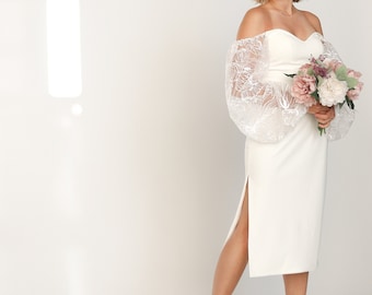 Elegant short wedding dress sweetheart neckline and long lace sleeves, Short bridal dress with cuff removable sleeves // PATRICIA