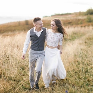 Lace Wedding Separates, Chiffon Skirt, Crop Top, Beach Wedding