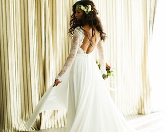 Lace wedding dress with chiffon skirt, open back wedding dress, beach wedding dress with airy chiffon skirt