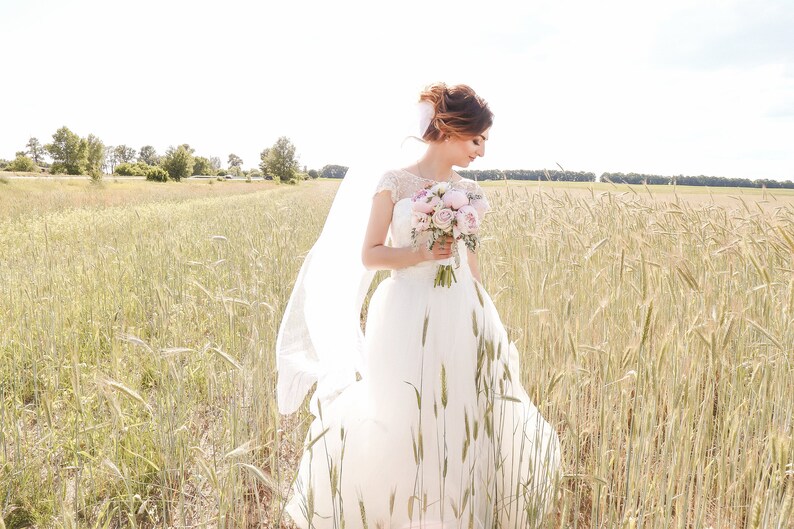 Lace wedding dress White off wedding dress with air tulle skirt Long wedding dress