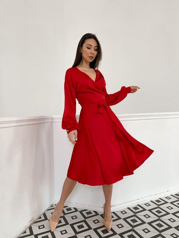 Red Silk Dress with Long Sleeves, Midi Red Silk Dress Wrap Silk Dress Wrapping Bridesmaid Red Dress Short Red Dress