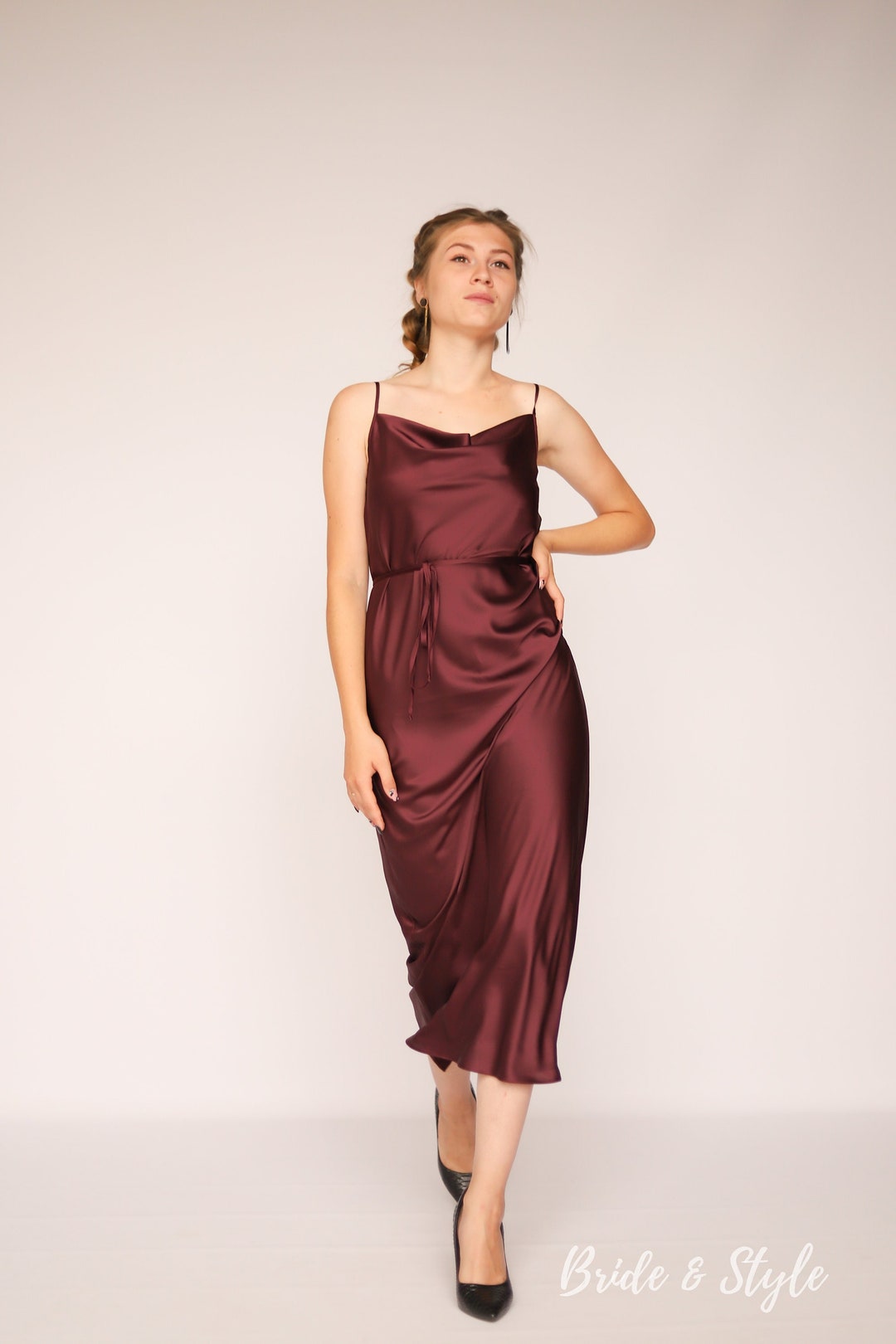 burgundy slip dress midi Lucia Soft Satin Slip Midi Dress