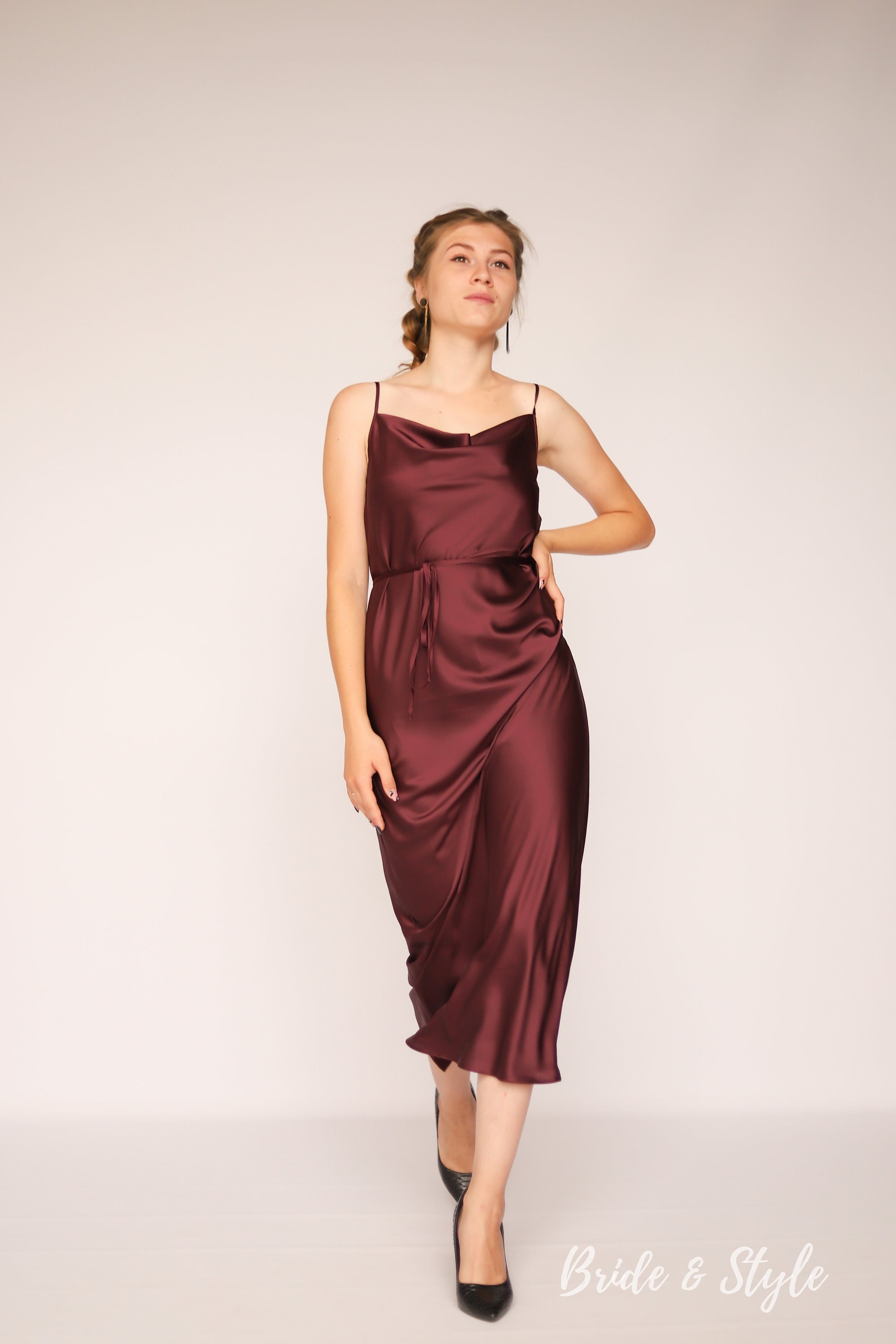 Wine silk slip dress Midi silk dress with straps Wine short dress Silk slip dress Coctail silk dress Burgundy silk dress