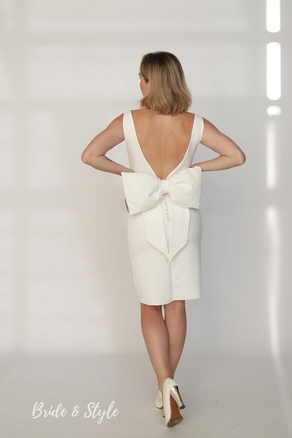 short white dress with big bow on back Mini wedding dress with big removable bow
