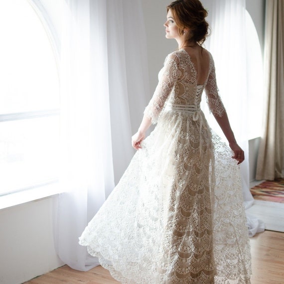 Vintage Wedding Dress, Boho Wedding Dress Long Sleeves, 3/4 Sleeves, Boho  Lace Wedding Gown 