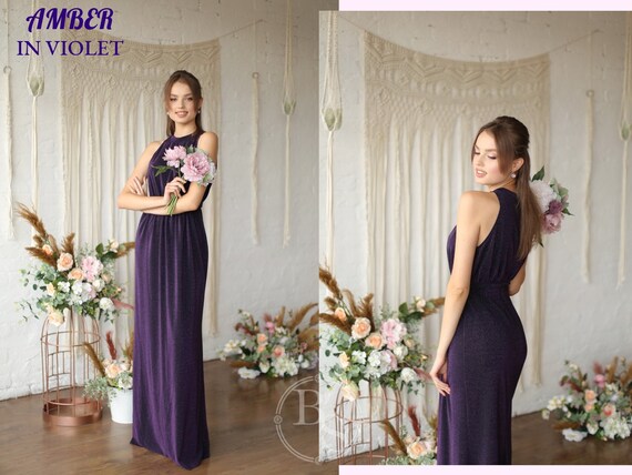 Long Purple Bridesmaid Dress: Sleeveless Violet Lurex Evening Gown - Etsy