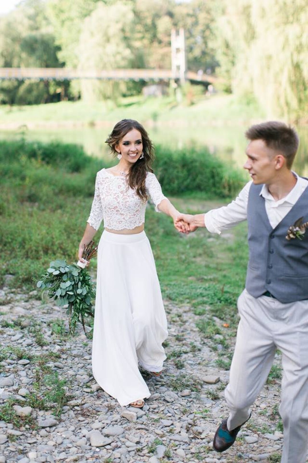 Cap Sleeves Lace Bridal Separates | Crop Top Two Piece Wedding Dress with Hi-Lo Chiffon Skirt main image 1