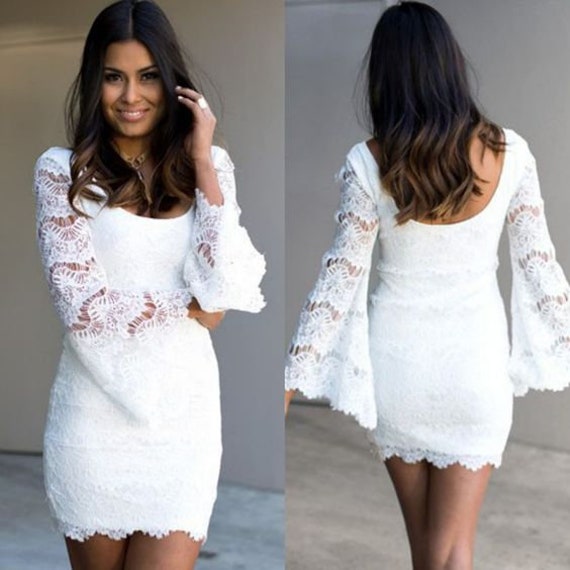 Short lace wedding dress with long flared sleeves / Short | Etsy
