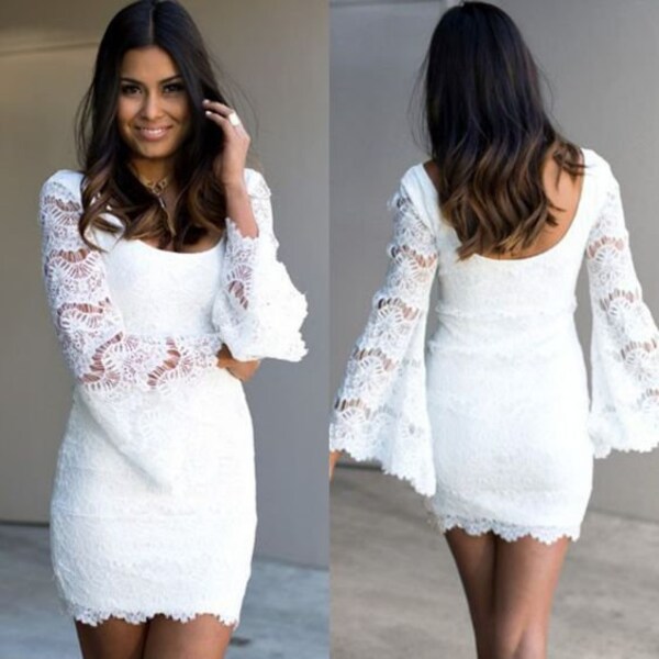 Short Wedding dress with long  flared sleeves White Short Lace Dress, Lace short wedding gown