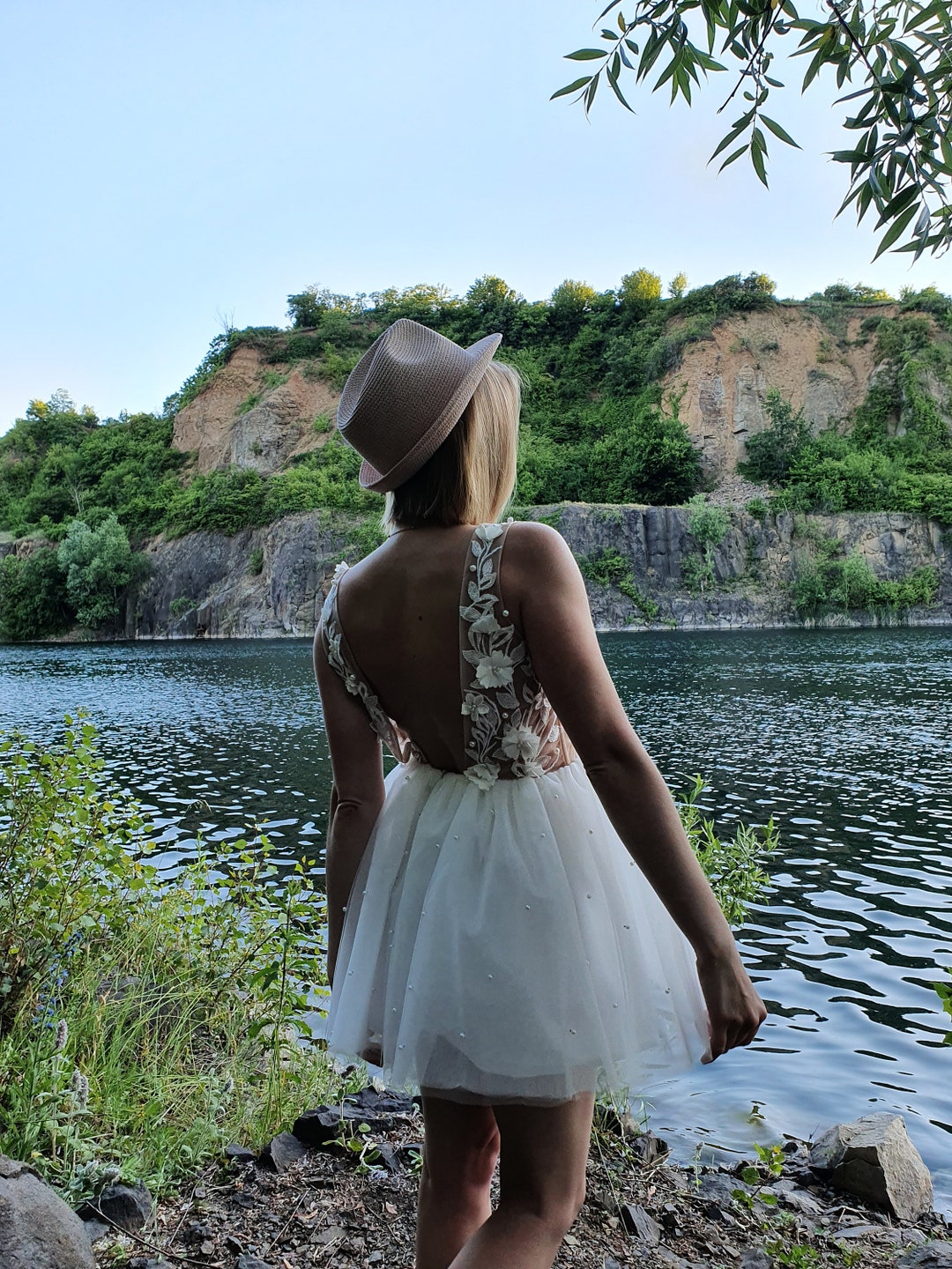 Handmade Babydoll Wedding Dress: Backless Lace Tulle Mini Dress