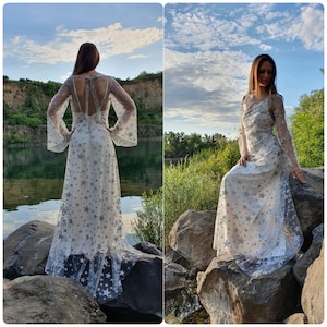 Vestido de novia celestial, vestido de novia de lentejuelas plateadas con estrellas, vestido de novia brillante con mangas de campana, vestido de novia boho // GALAXY