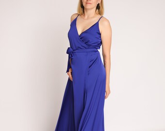 Electric Blue Silk Wrap Dress: Long Bridesmaid Gown with Slit