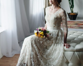 Vintage Wedding dress, Boho wedding dress long sleeves, 3/4 sleeves,  Boho lace wedding gown