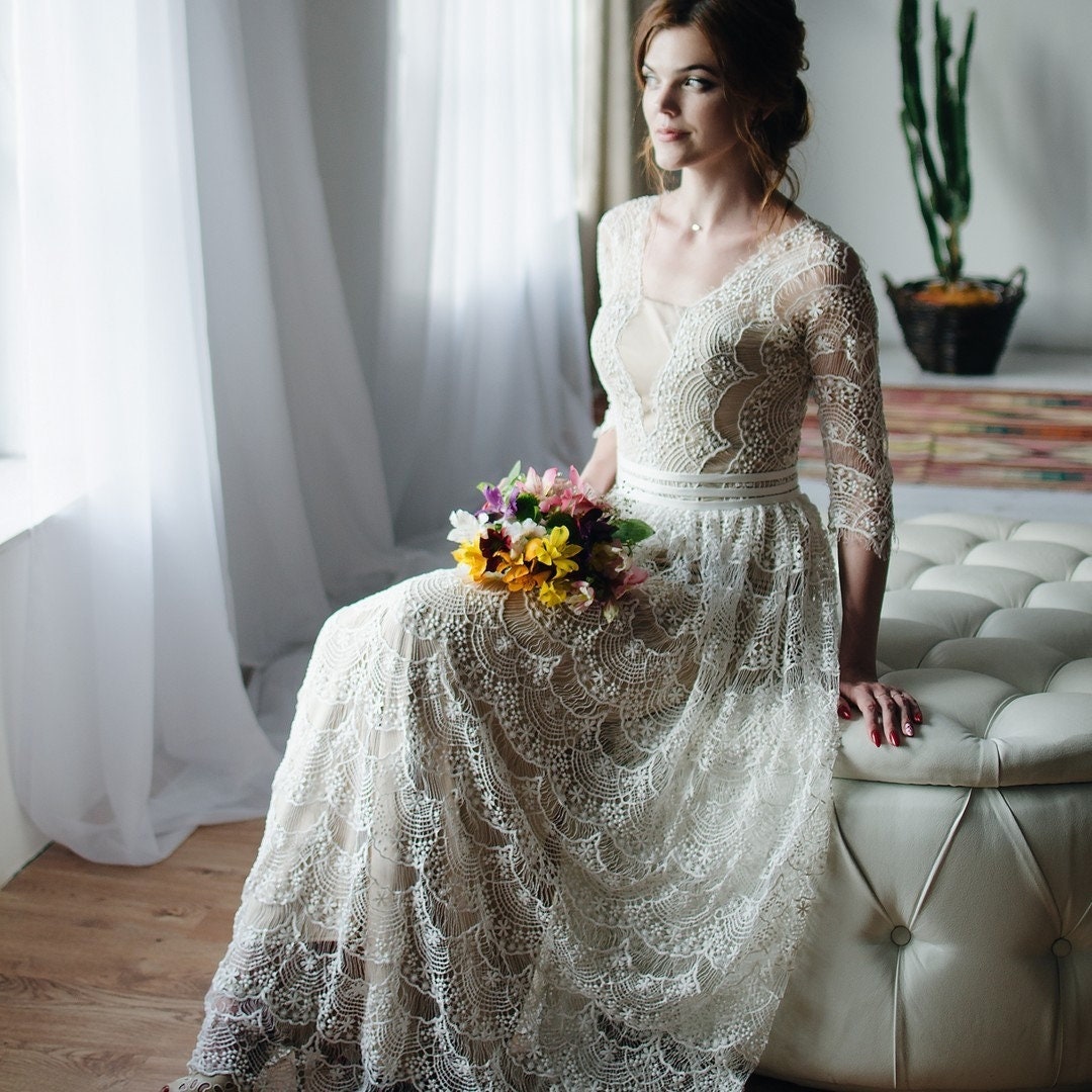Vintage Wedding Dress, Boho Wedding Dress Long Sleeves, 3/4 Sleeves, Boho  Lace Wedding Gown 