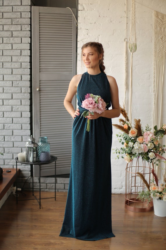 Turquoise Lurex Jersey Dress: Long Formal Evening Gown Turquoise Lurex Jersey Dress: Long Formal Evening Gown