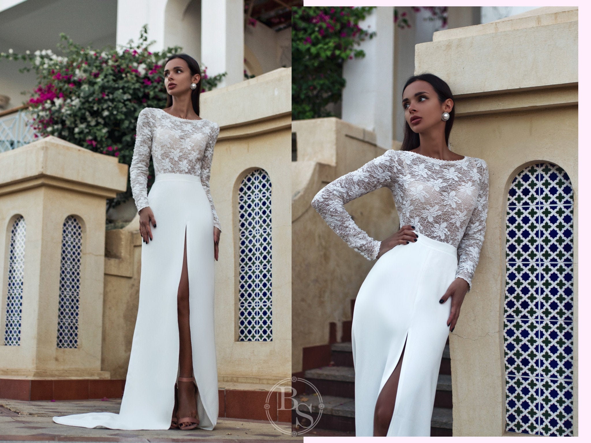Wedding Lace Bodysuit Long Sleeves Fitted Skirt With Slit