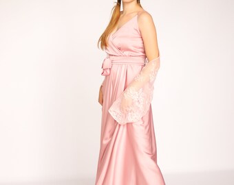 Blush Silk Maxi Dress: V-Neck Bridesmaid Gown with Slit