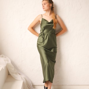 Olive Green Silk Dress: Cowl Neck Midi Slip
