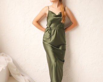 Olive Green Silk Dress: Cowl Neck Midi Slip