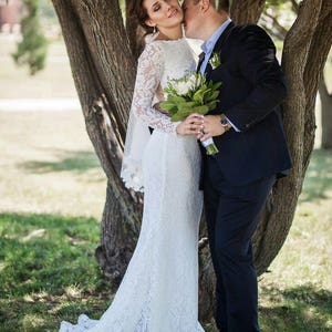 Lace Wedding Dress: Fitted Long Sleeves, Open Back