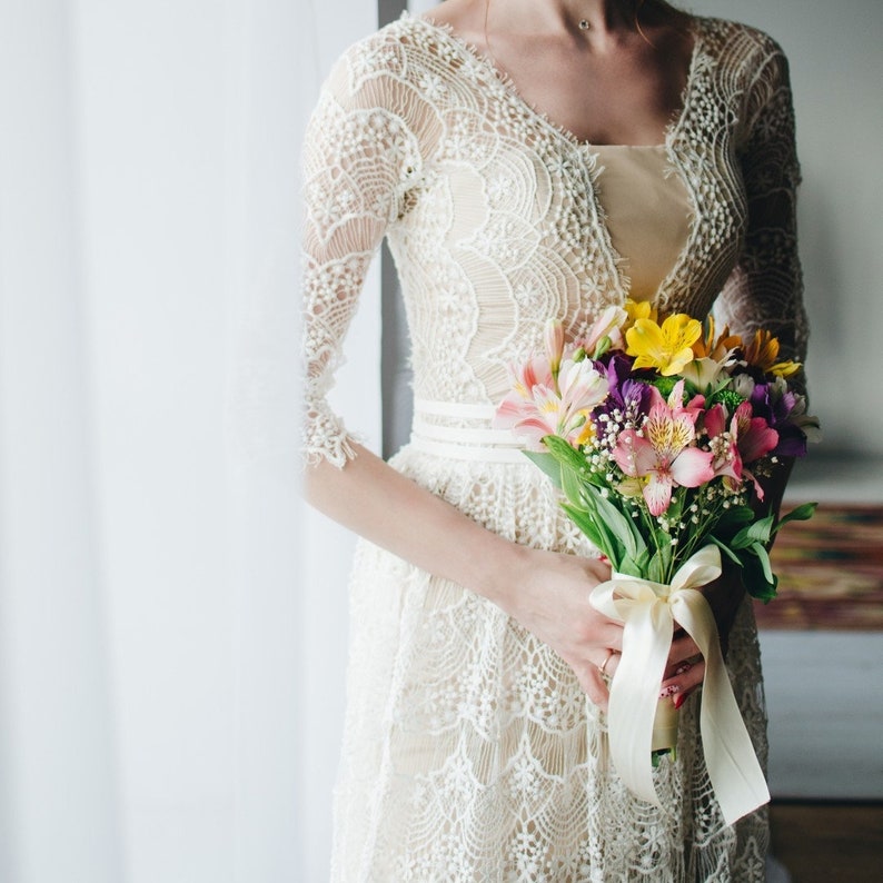 Vintage Wedding dress, Boho wedding dress long sleeves, 3/4 sleeves, Boho lace wedding gown image 3