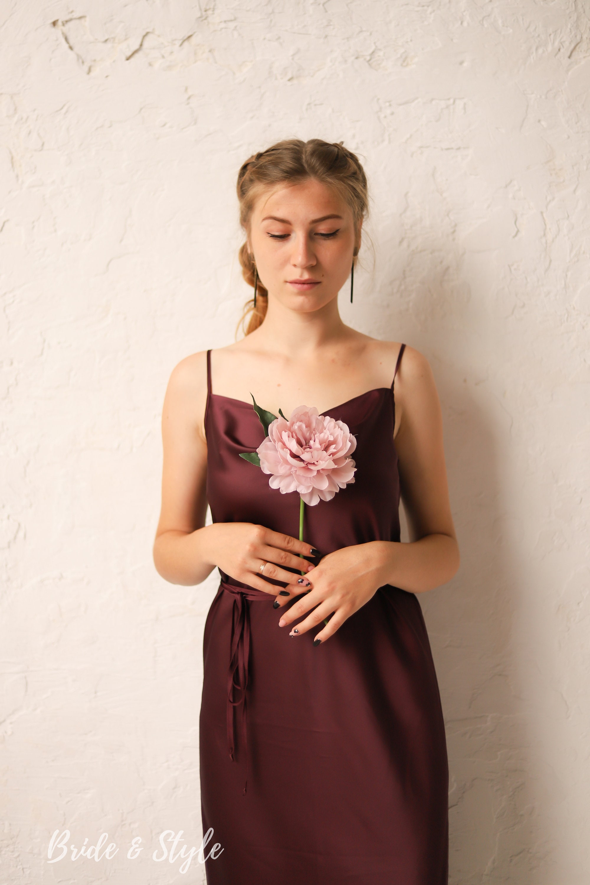 Wine Silk Slip Dress: Midi Burgundy Cocktail Dress