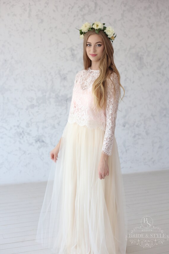 Jane Peach Wedding Lace Top Long Sleeve Bridesmaids Lace Etsy