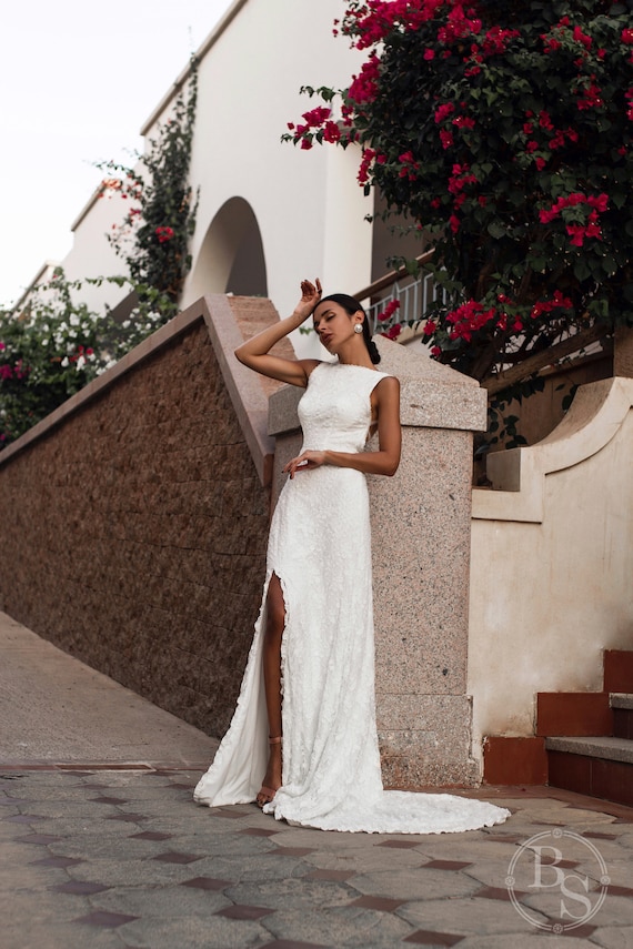 Lace Mermaid Wedding Dress: Open Back, Slit, Crossover Straps