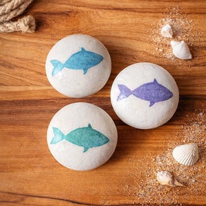 May include: Three white, round decorative stones with fish designs in blue, teal, and purple. The stones are arranged on a wooden surface with sand and seashells. A rope is visible in the upper left corner, suggesting a nautical theme.