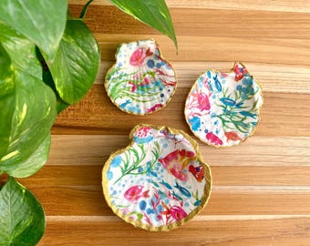 Plato porta anillos con forma de concha de pescado, decoración costera para el hogar, porta joyas, decoración tropical, decoración de playa, decoración oceánica, decoración náutica