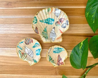 Plato decorativo con forma de concha de vieira, soporte para anillos, decoración playera para el hogar, joyero, decoración náutica, regalo tropical, decoración oceánica